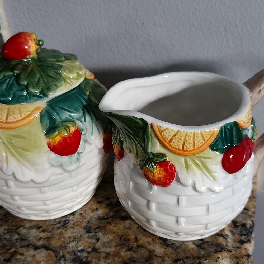 Tropical Fruit Collection 2 Piece Sugar Bowl And Creamer Set By Corner Ruby. New - Picture 3 of 16